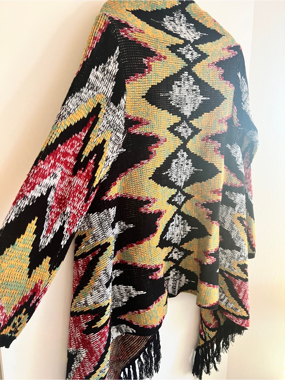 Fringe Hem Knit Poncho Sweater - Black Multi